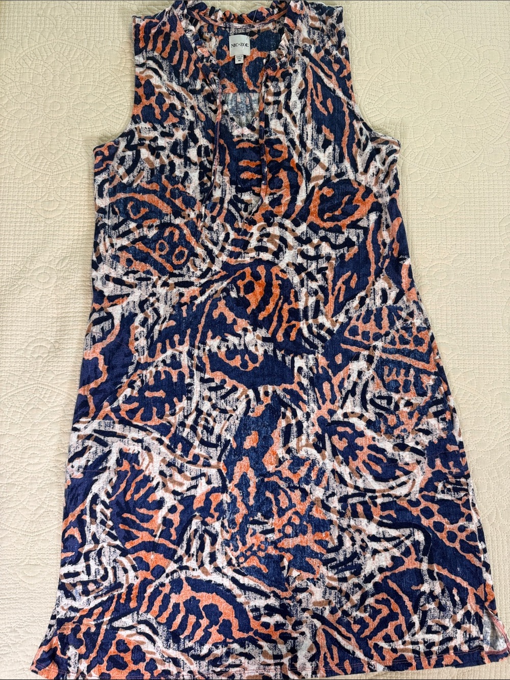 NIC+ZOE Abstract Print Sleeveless Knit Dress M Navy Orange Stretch Boho Travel - Picture 10 of 13
